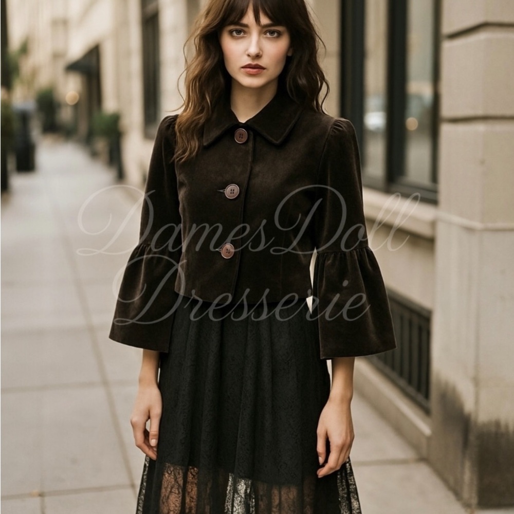 Ellen Tracy Velvet Bell Sleeve Crop Jacket 8 Brown Formal Whimsigoth Dark Romanc